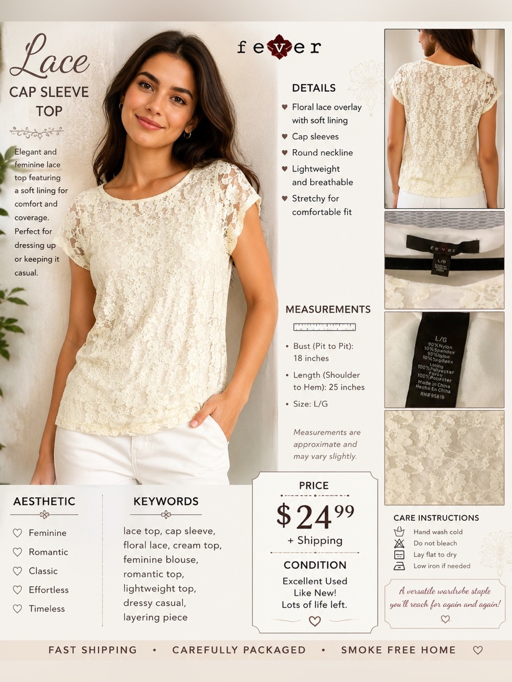 Fever Cream Floral Lace Short Sleeve Blouse